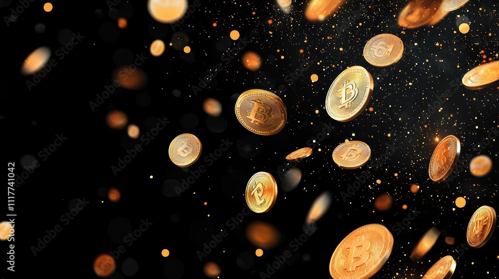 Poster bitcoin coins falling in motion digital environment motion graphics abstract viewpoint cryptocurrenc