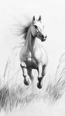 Naklejka premium A dynamic black and white drawing of a horse galloping through tall grass.