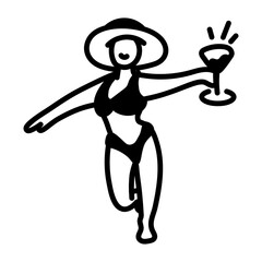 A girl enjoying beach party, hand drawn icon 

