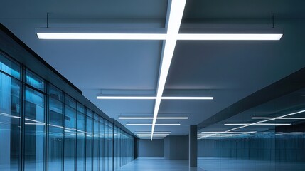 Modern Office Hallway with Blue Glass Walls and Bright Fluorescent Lighting