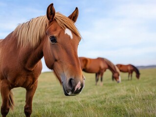 Obraz premium A close-up view of a beautiful brown horse grazing in a green field, capturing the essence of nature and serenity.