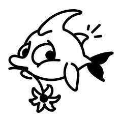 A cute fish holding a flower, doodle style icon 


