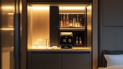 Modern Hotel Room Mini Bar with Espresso Machine