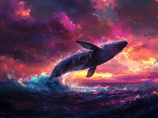 Fototapeta premium A majestic whale breaches the ocean surface against a vibrant sunset sky.