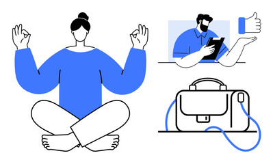 A person meditating in lotus position, a professional checking a tablet, and a briefcase. Ideal for work-life balance, self-care, mindfulness, productivity, corporate wellness, stress management