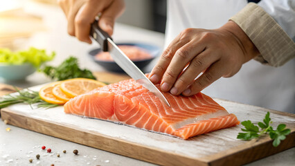 slicing salmon on a chopping board