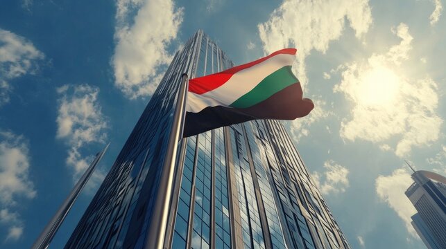 The UAE flag prominently displayed on a sleek modern building, symbolizing unity and progress