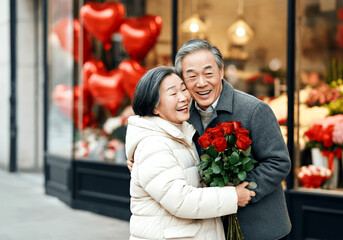 Heartwarming celebration of love with smiling couple and roses on valentine's day