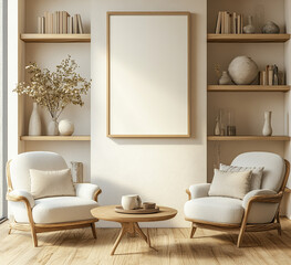 A mockup of an empty poster frame on the wall