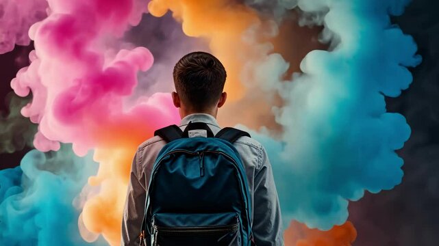 Student with a backpack viewed from the back against a backdrop of colorful smoke, representing the concept of teenagers smoking e-cigarettes and vapes