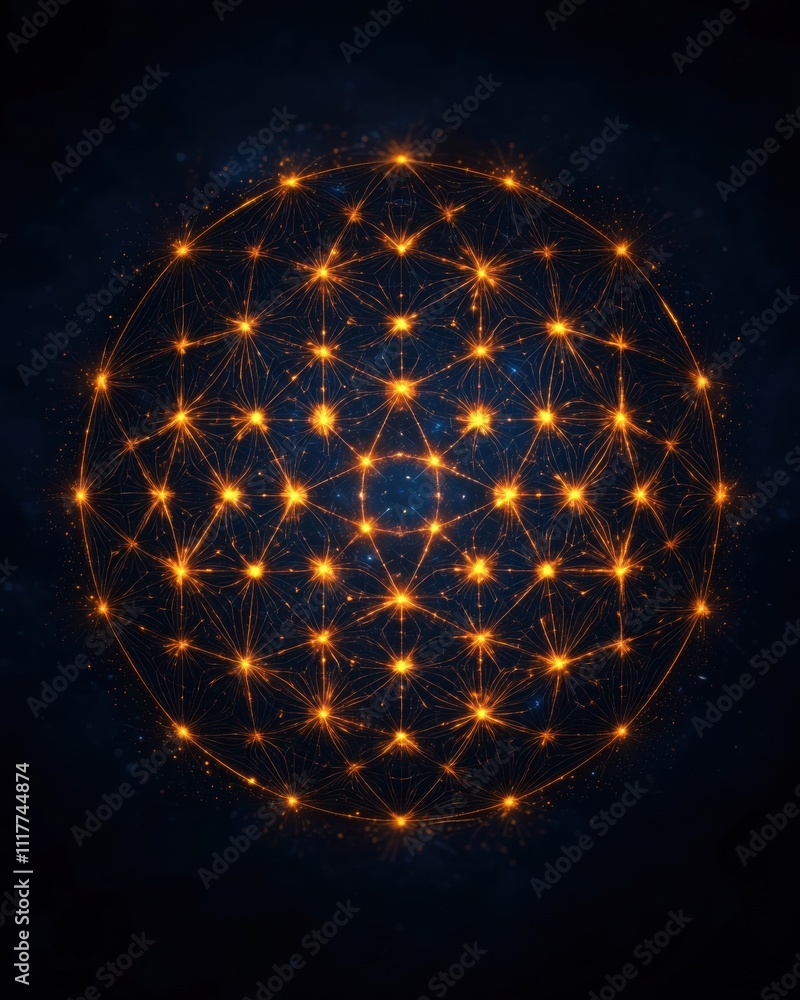 Poster a mesmerizing spherical pattern of interconnected nodes and glowing lights, set against a dark backd