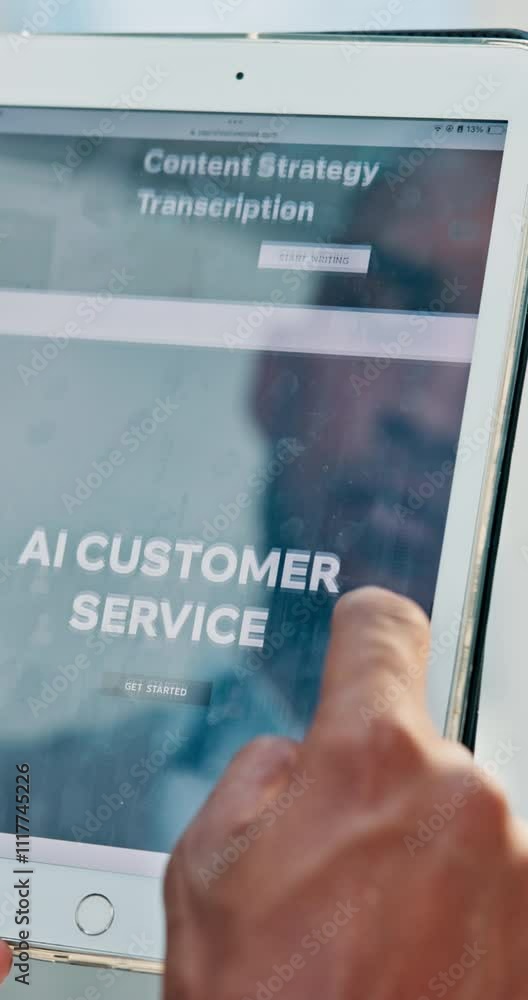 Poster person, hands or tablet with ai media, online platform features or website options ui. scroll, homep