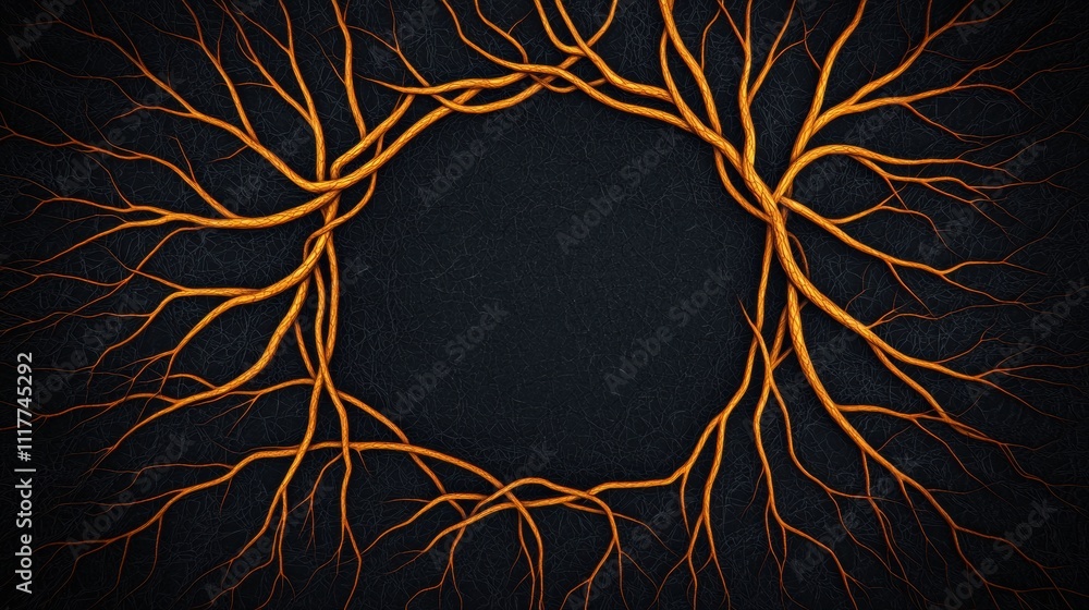 Poster an intricate design of orange tree roots forming a circular pattern against a dark background, symbo