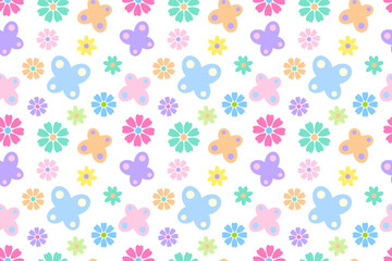 A seamless pattern with pastel butterflies and flowers on a white background. Ideal for decorative designs.
