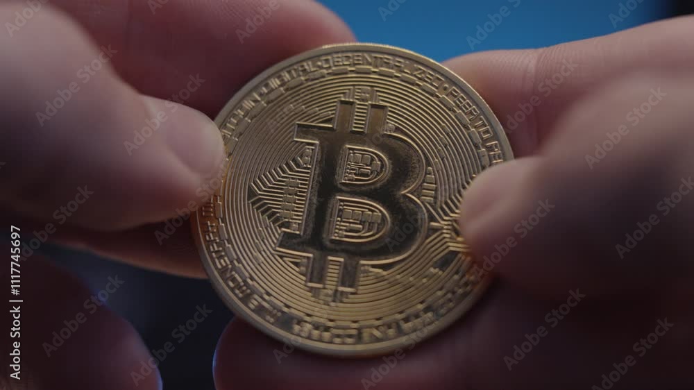 Poster Detailed view of a Bitcoin coin with intricate patterns, held between fingers against a soft blue background