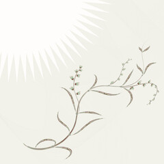 A delicate plant with small flowers and a stylized sun.
