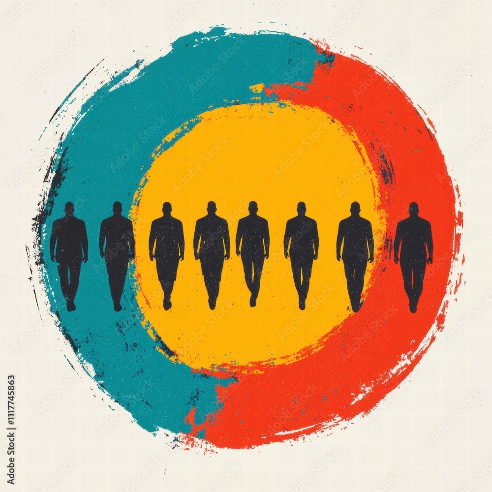 Poster a group of silhouetted figures stands in a line, surrounded by vibrant circular colors, representing