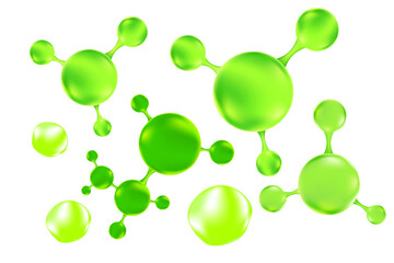 Green organic oil droplet or collagen 3D molecule icon, with liquid glowing particles, fluid bubbles, isolated PNG, transparent background. Bio serum formula. Beauty biotechnology treatment nutrition.