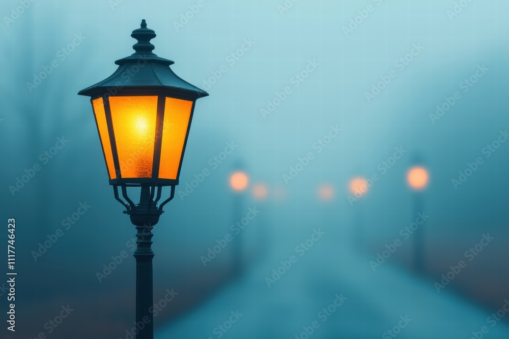 Poster a street lamp glows warmly in a foggy atmosphere, illuminating a tranquil path lined with additional