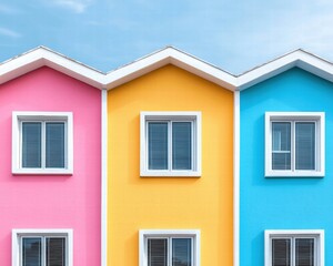 A vibrant row of colorful houses featuring pink, yellow, and blue facades, accented by white windows against a clear sky.