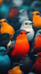 A vibrant gathering of colorful birds, showcasing a variety of species with striking plumage in shades of red, orange, blue, and gray.