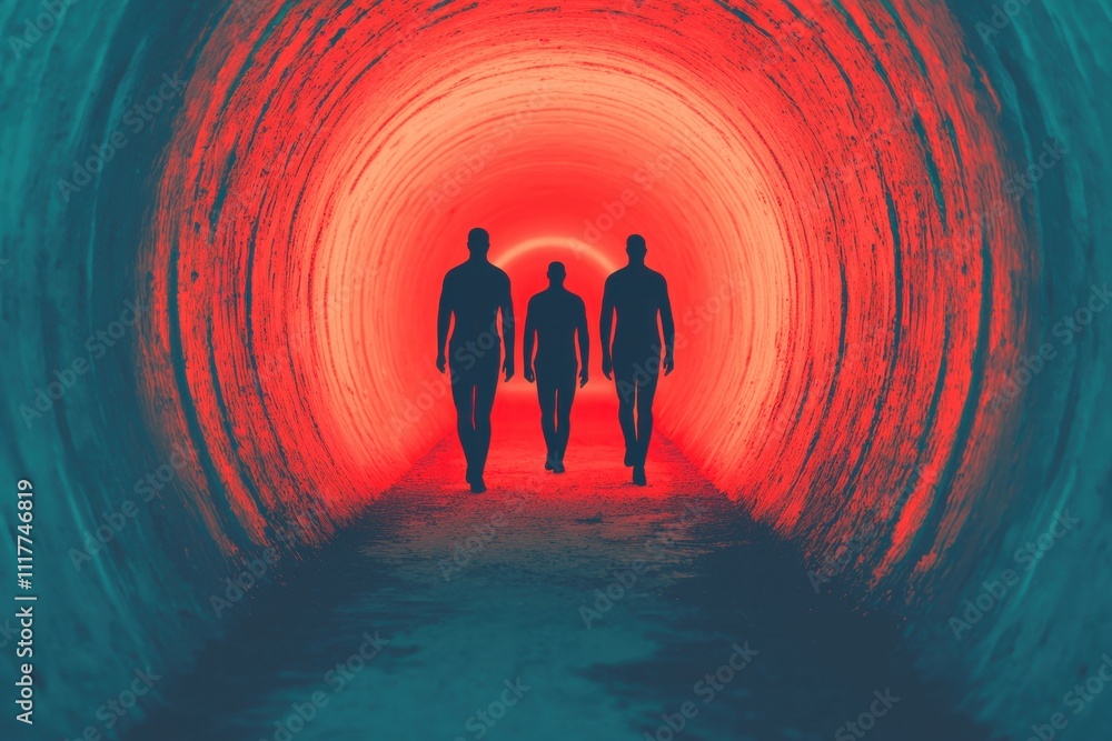 Poster silhouettes of three figures walking through a brightly lit tunnel, illuminated with red and blue hu