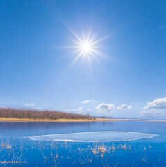 winter frozen lake with forest on coast under the sparkle sun