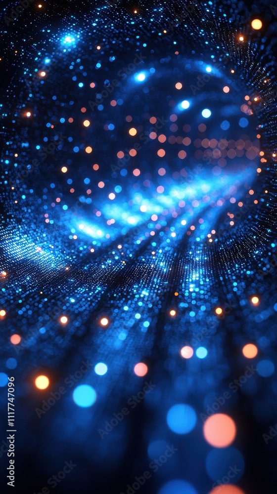 Poster colorful abstract digital background with blue and orange glowing particles and lights in a mesmeriz