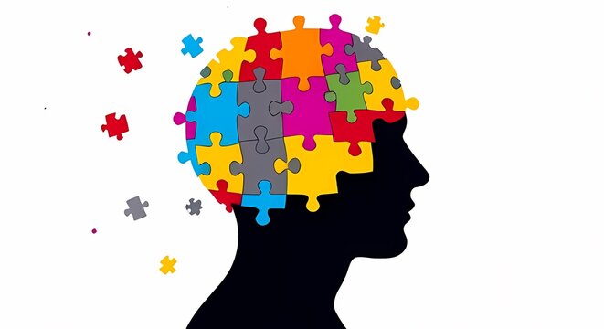 recommend clip art: Unique illustration of a human silhouette made of jigsaw puzzle pieces in bright colors, emphasizing the complexities of memory loss and neurological disorders