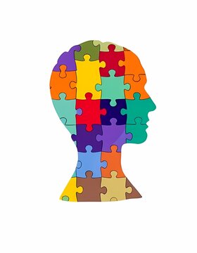recommend clip art: Unique illustration of a human silhouette made of jigsaw puzzle pieces in bright colors, emphasizing the complexities of memory loss and neurological disorders