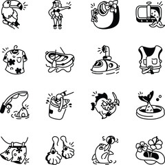 Set of Beach Holidays Doodle Style Icons 
