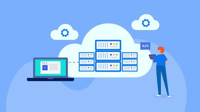 Software engineer checking server functions and analysing performance, cloud hosting management concept.