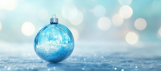 shimmering blue glass ornament with snow inside rests gracefully on a light sky-blue and white backdrop, creating a tranquil and festive holiday aesthetic.