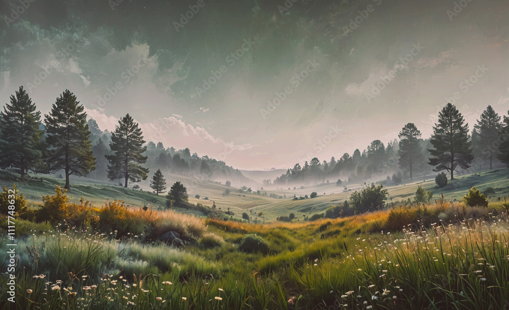 Aufkleber A field of grass with trees in the background. The sky is cloudy and the sun is setting