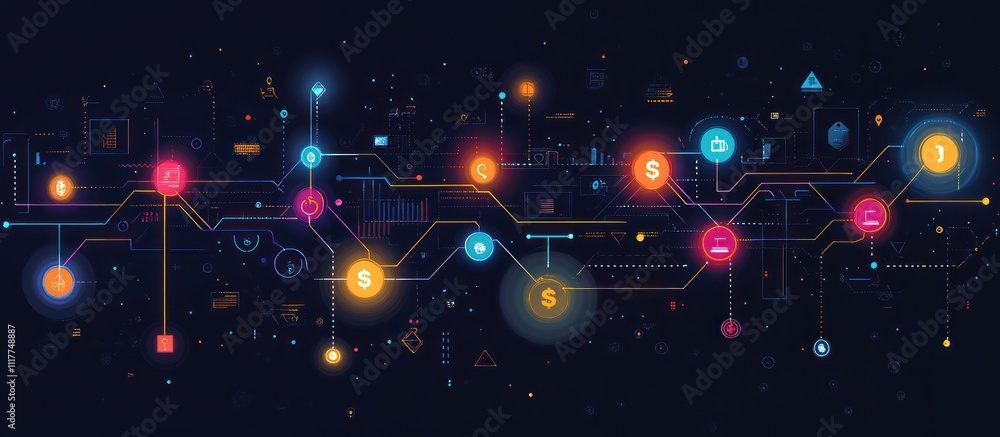 Poster abstract digital network with glowing nodes connected by lines, representing data flow and communica