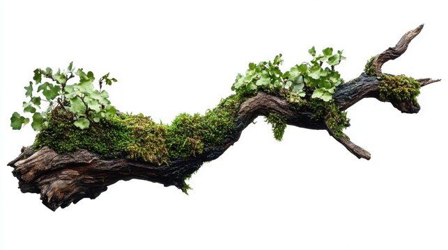Mossy tree branch isolated on white background, perfect for design projects.