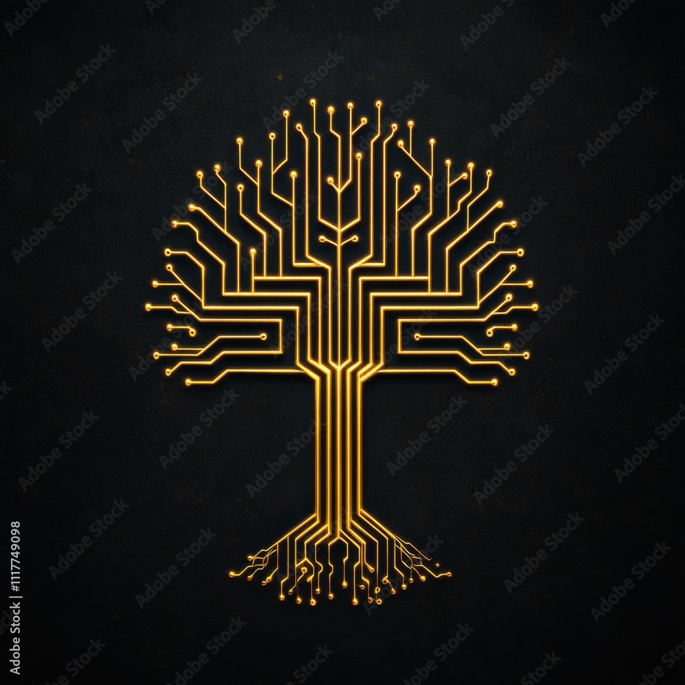 Poster a digital tree design made of golden circuit patterns against a dark background, symbolizing the fus