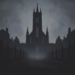 Obraz premium A dark, atmospheric silhouette of a gothic cathedral surrounded by mist and a wrought-iron fence, evoking mystery and intrigue.
