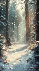 Fototapeta premium Snowy winding path in mountain forest with sunlit evergreens