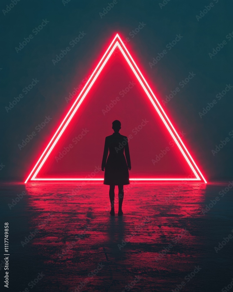 Poster a silhouette stands before a glowing red triangle in a dark, misty environment, creating a striking 