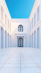 A serene courtyard with white columns and a blue sky, showcasing elegant architectural design and minimalistic beauty.