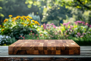 Selective focus.End grain wood counter top with cutting board on blur greeny flower garden in morning with nature light. MZ