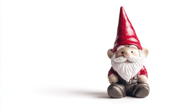 A cheerful garden gnome with a red hat and white beard sits against a clean white background, exuding whimsical charm.