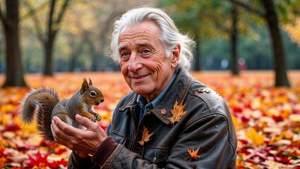 Cheerful elderly man holding a squirrel amid colorful autumn leaves in a park
