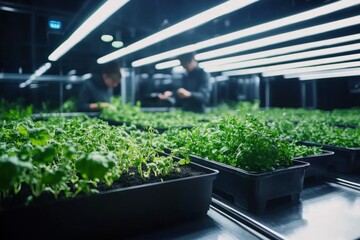 professional farmers working in indoor futuristic farm 