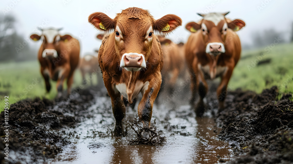 Poster a group of brown cows walks through a muddy path on a cloudy day, splashing water and mud as they mo