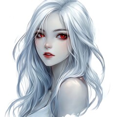 Fototapeta premium Silver Hair Anime girl with red eyes, on a white background.
