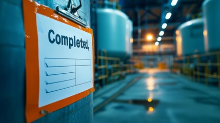 Obraz premium Industrial setting with a completion notice on a wall.