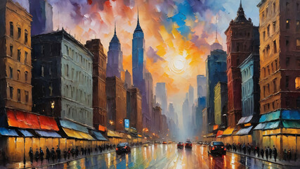 Fototapeta premium Vibrant sunset over urban skyline new york city cityscape artwork evening glow atmospheric perspective modern aesthetic