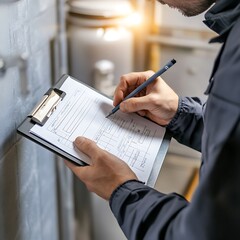 Technician filling out a checklist on a clipboard during a home inspection.